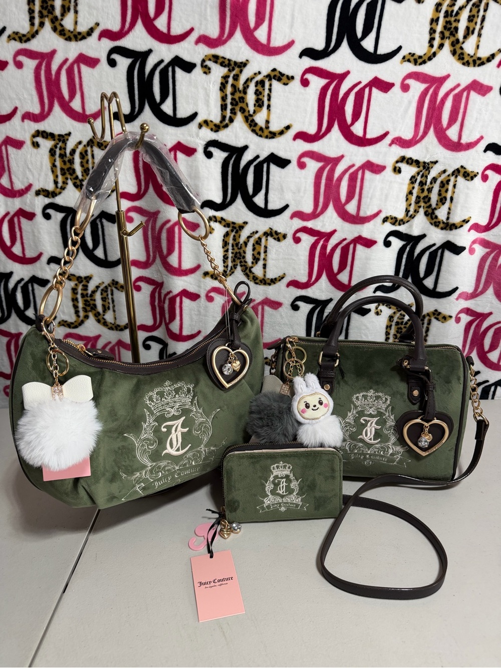Juicy Couture Olive Green Velvet Satchel, Hobo and Wallet Set with Charms